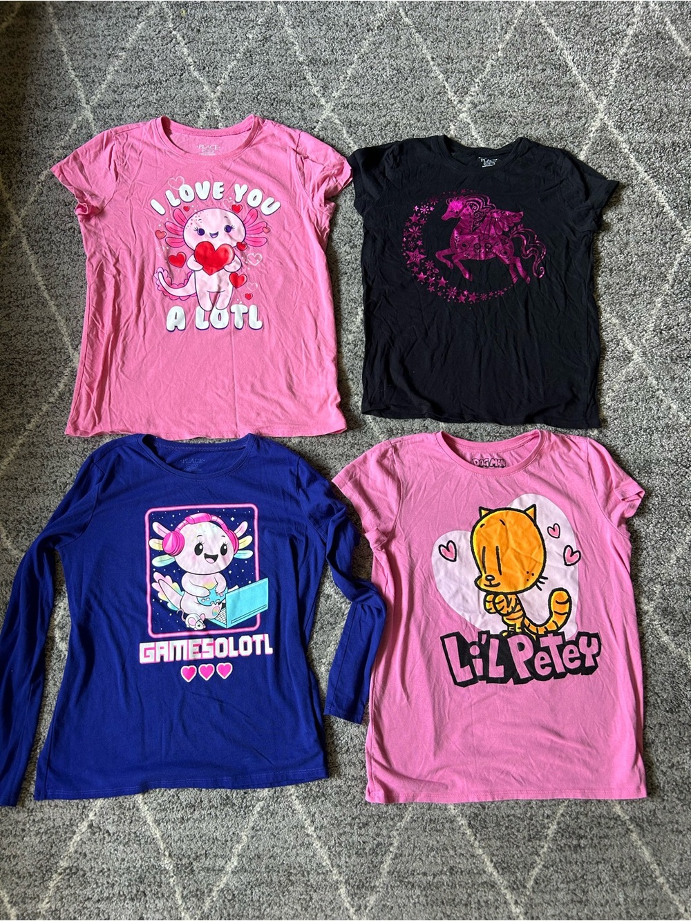 The Children's Place lot of 4 Girls Graphic Tees DogMan Axolotl Unicorn Sz 14